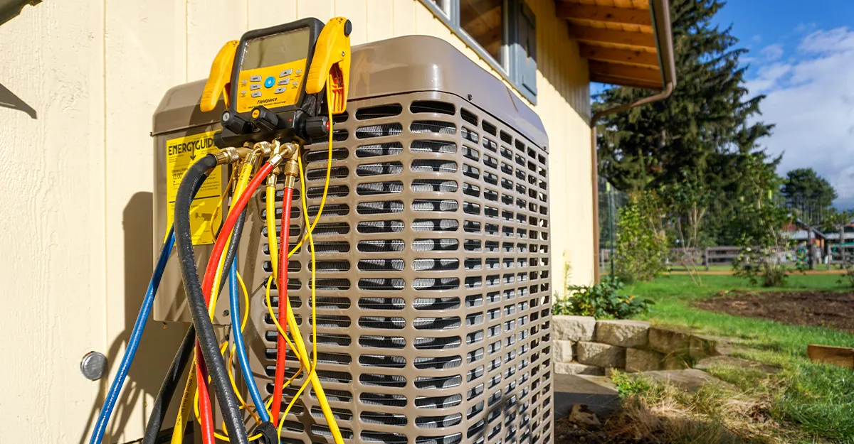A closeup of a newly installed AC condenser