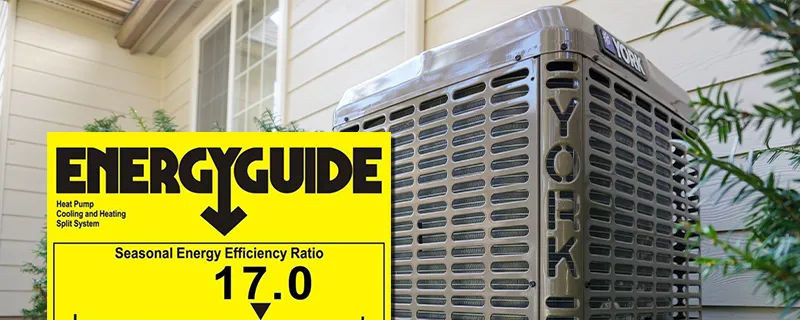 An image of a heat pump with the energy guide label showing a SEER rating of 17