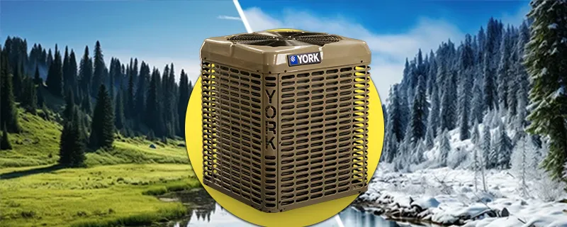 An image of a heat pump betwee a devided picture showing summer and winter in the same location