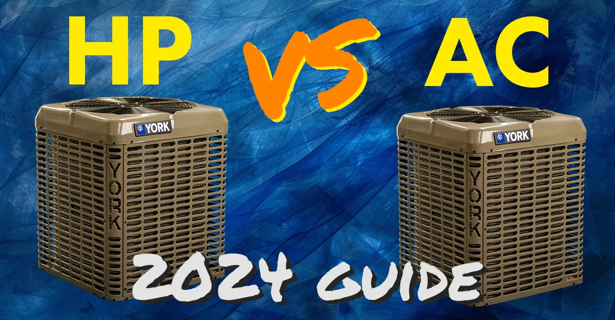 A heat pump and air conditioner are pictured with a versus in between them