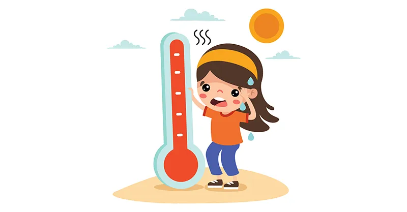 A cartoon depicting a sweating woman next to a fully red thermometer.