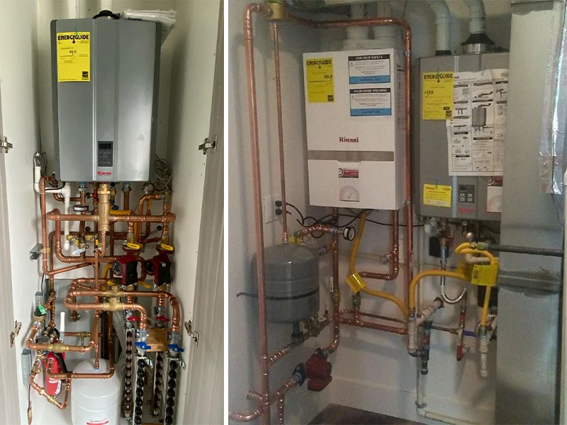 A split screen of two impressive boiler installations. Both display crafstmanship in the complex piping.