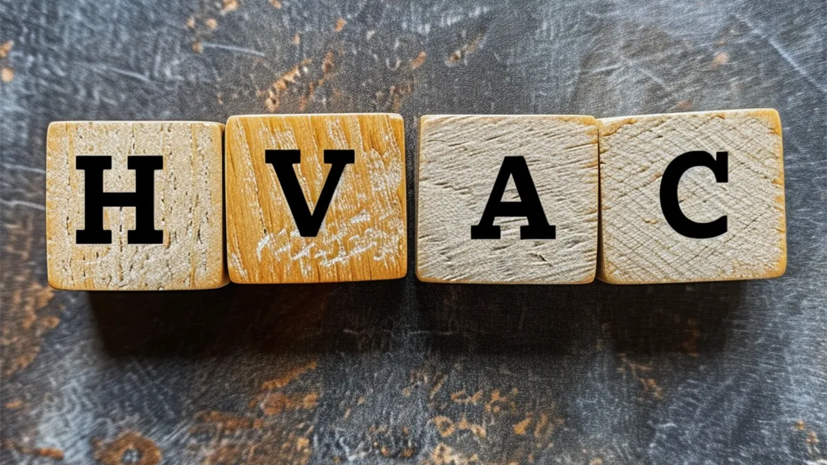 The word 'HVAC' spelled out with wooden blocks representing system efficiency